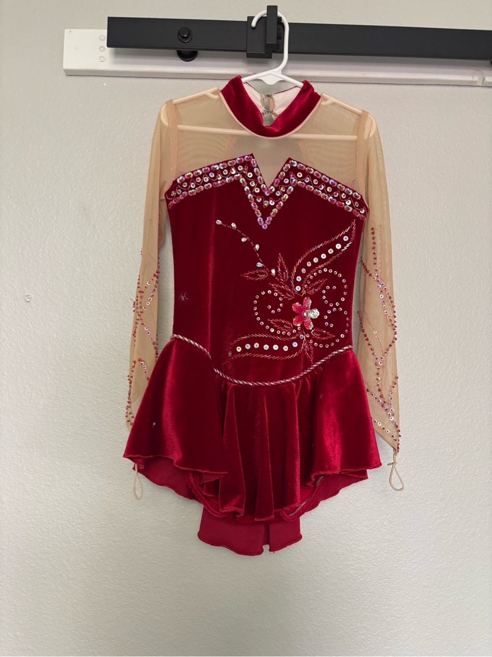 Girls Red Velvet Figure Skating Dress with Nude Mesh Sleeves